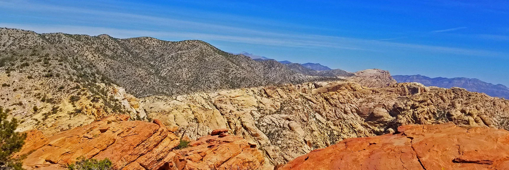 Blue Diamond Hill (R), Red Rock Canyon (Middle), Indecision Peak (L). | Monument Peak Summit | Rainbow Mountain Wilderness, Nevada