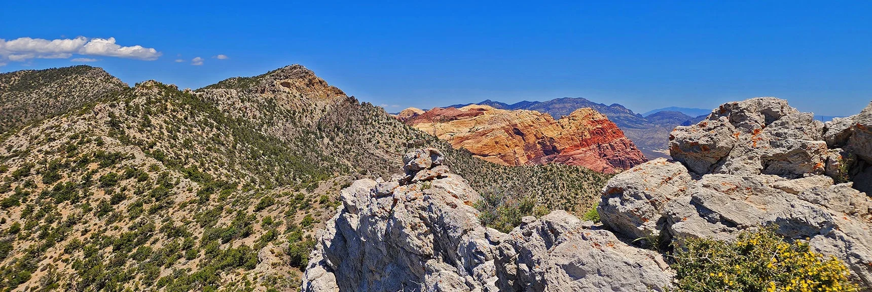Blue Diamond Hill (R), Red Rock Canyon (Middle), Indecision Peak (L). | Monument Peak Summit | Rainbow Mountain Wilderness, Nevada