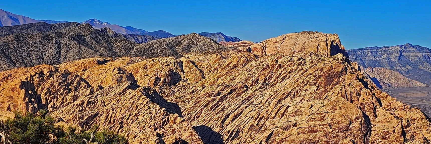 Blue Diamond Hill (R), Red Rock Canyon (Middle), Indecision Peak (L). | Monument Peak Summit | Rainbow Mountain Wilderness, Nevada