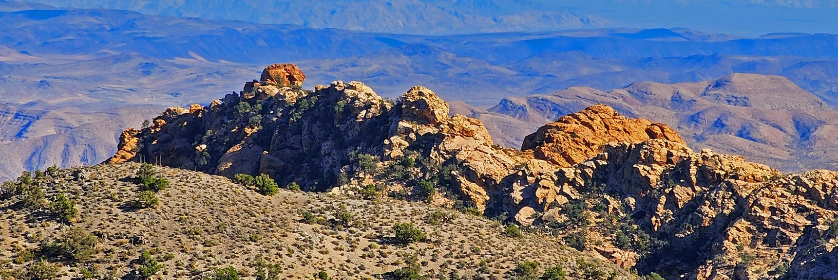 Blue Diamond Hill (R), Red Rock Canyon (Middle), Indecision Peak (L). | Monument Peak Summit | Rainbow Mountain Wilderness, Nevada