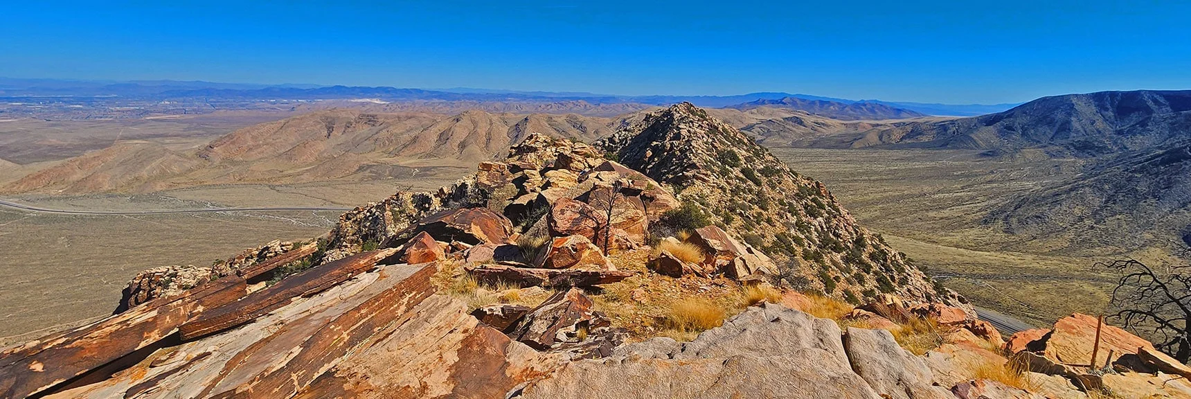 Blue Diamond Hill (R), Red Rock Canyon (Middle), Indecision Peak (L). | Monument Peak Summit | Rainbow Mountain Wilderness, Nevada
